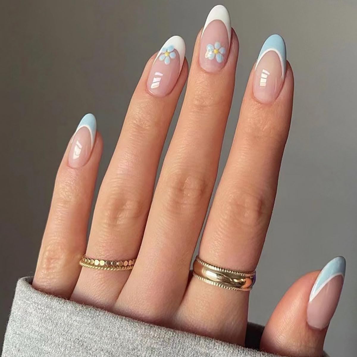 evpct Flower French Tips Press on Nails Short Oval for Women Gift, Nature + Sky Blue & White Tips, Soft Gel Press Stick on Nail with Nail Kit, Supremely Fit Full Cover, Reusable Acrylic Fake Nails Kit