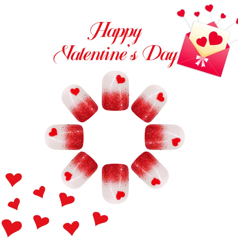 CEWEWP Valentine’s Day Press on Nails Short Square Fake Nails with Heart Designs Red Gradient Glitter Nails Press ons Glossy Glue on Nail Ombre Acrylic Nails Stick on Nail for Women 24Pcs