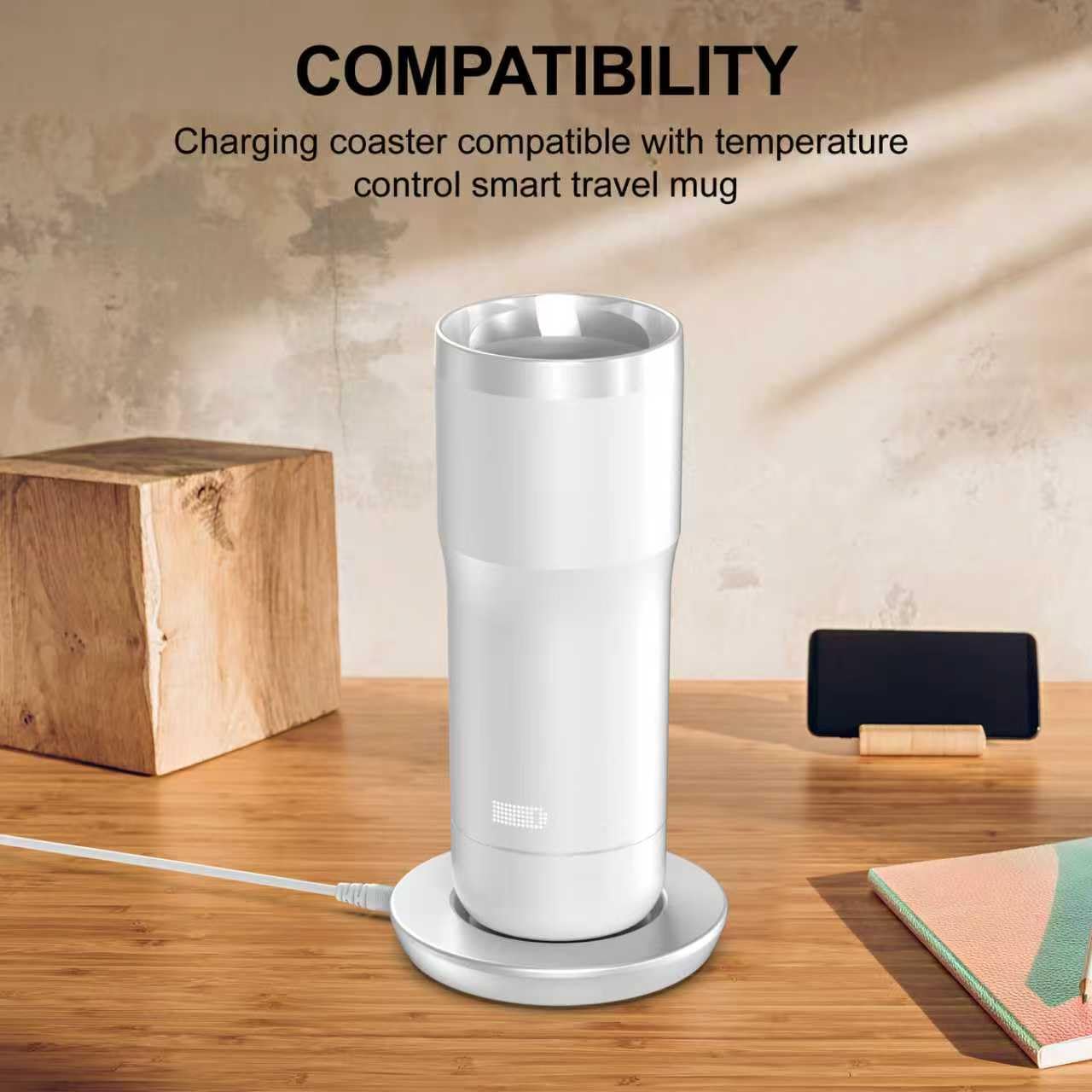 Underhub Charging Coaster 2 Compatible with Embo Temperature Control Smart Mug 2 and 1 - Mug Power Cord - Charger Dock Base for Wireless Warmer Cup Accessories (Silver White)