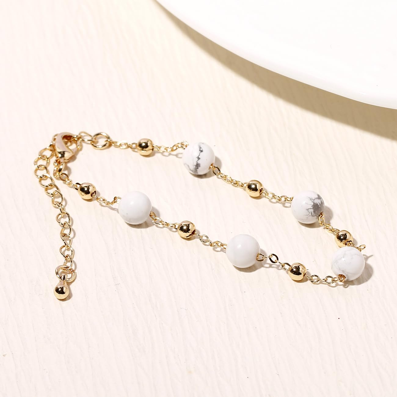 Xfoxstal 14K Gold Plated Chain Bracelets for Women Crystals and Stones Bracelets Jewelry Adjustable (Howlite)