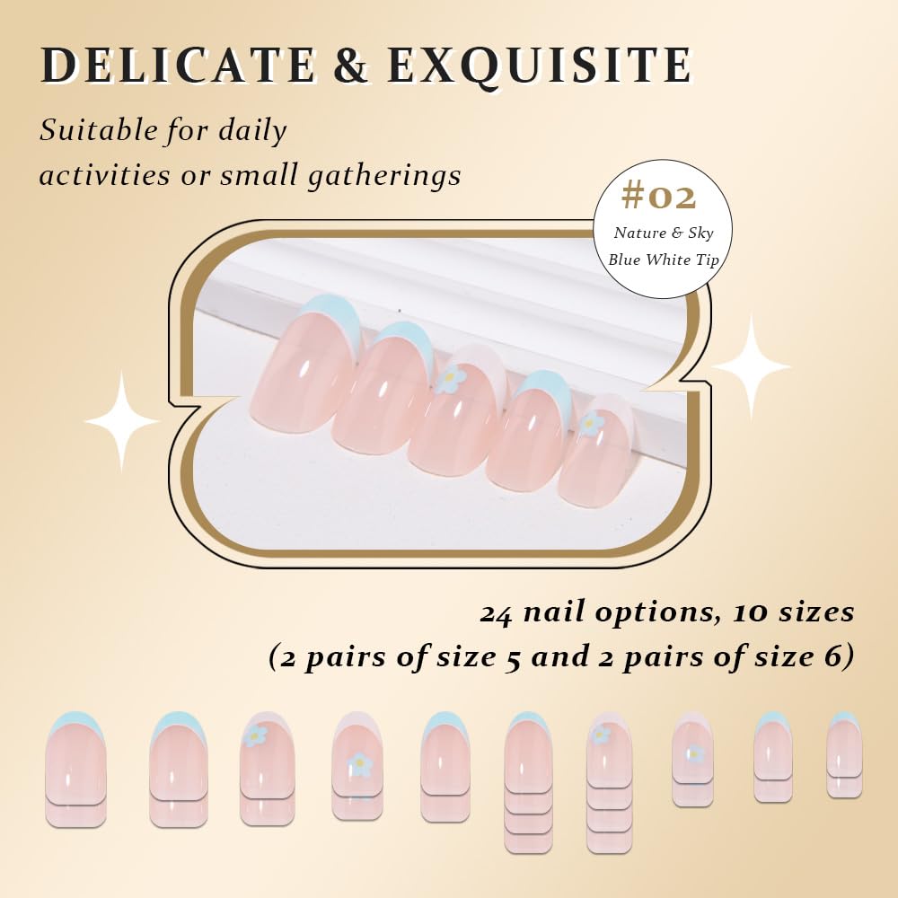 evpct Flower French Tips Press on Nails Short Oval for Women Gift, Nature + Sky Blue & White Tips, Soft Gel Press Stick on Nail with Nail Kit, Supremely Fit Full Cover, Reusable Acrylic Fake Nails Kit