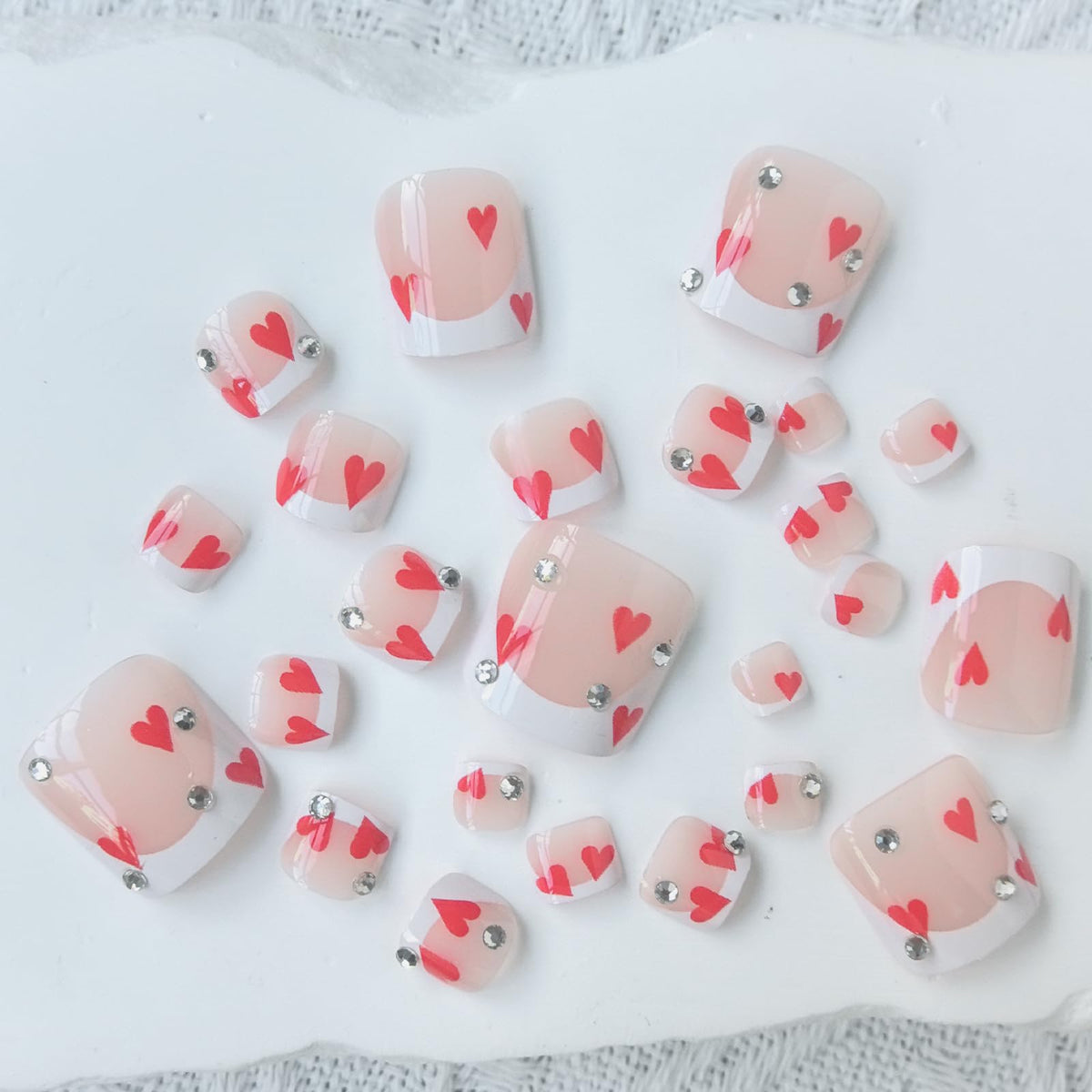 White French Press on Toenails Short Square Fake Toenails Red Heart Toe Nail Tips French with Rhinestones False Toenails Full Cover Glossy Valentine's Day Decorations for Women 24Pcs