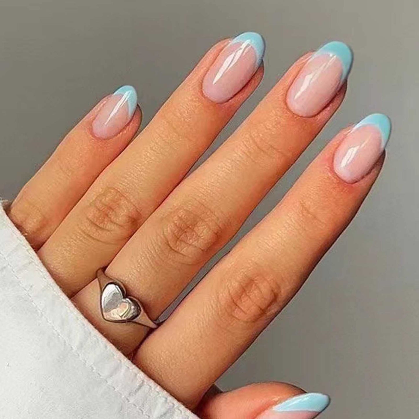 DANMANR Square Press on Nails Short Fake Nails French Acrylic Full Cover False Nails for Women and Girls 24PCS (Blue French)