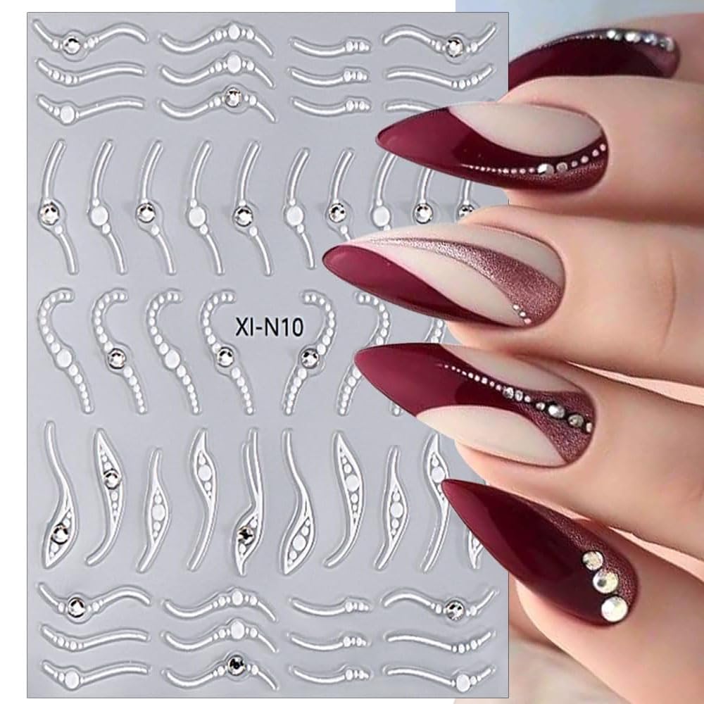 3Pcs French Line Nail Art Stickers,Silver Line Diamond Nail Stickers 5D Self-Adhesive Nail Decals Nail Art Supplies Silvery Stripe Swirls Wave Deisgns for Women Nails Decor