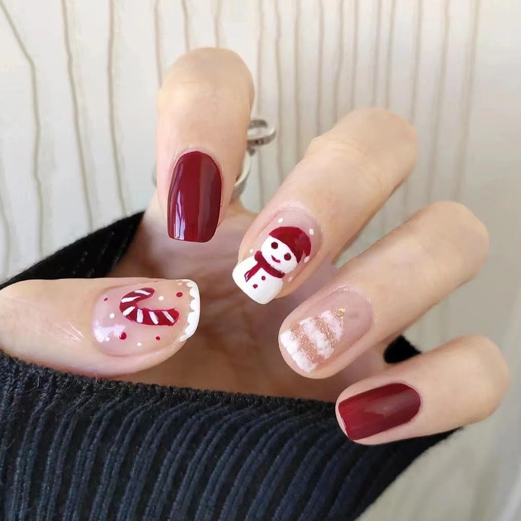 6 Packs (144 Pcs) Christmas Press on Nails - Square, Red, Short, Medium, Snowflake False Nails - Glue on, Fake, Stick on Nails for Women - 12 Sizes, 6 Styles