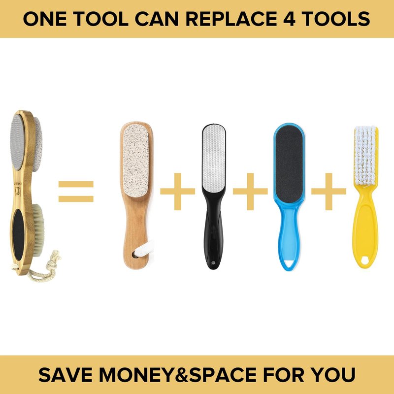ICDI ICANdOIT Natural Bamboo Foot File Callus Remover-Multi Purpose 4 in 1 Feet Pedicure Kit with Foot Care Boar Bristle Brush,Pumice Stone,Foot Rasp,Sand Paper
