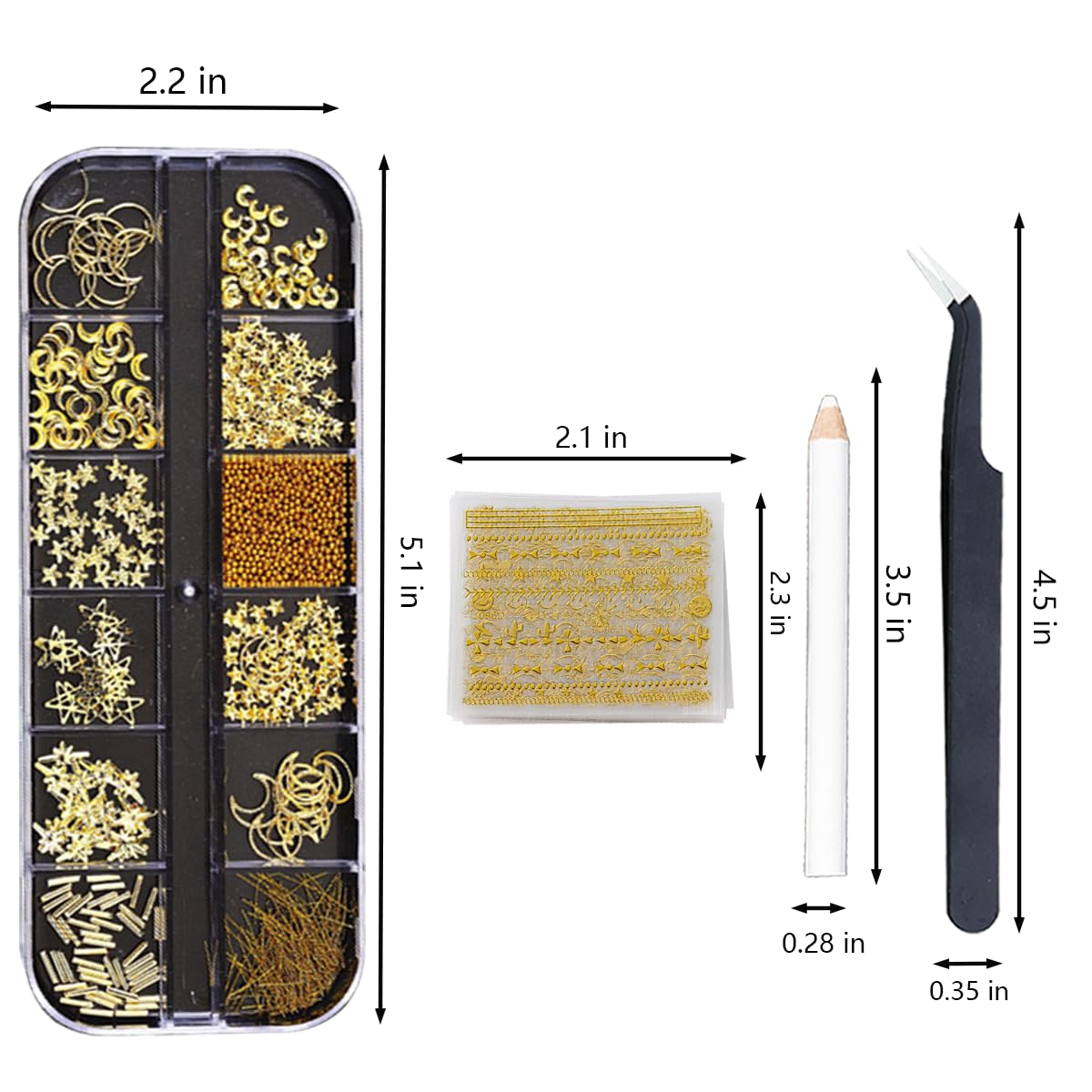 Nail Charms Nail Art Kit with 30 Sheets Gold Nail Stickers 5 Boxes of Nail Gems Nail Art Tools Nail Rhinestones for Nails Nail Supplies 3D Nail Charms and Gems Nail Decals Nail Pearls
