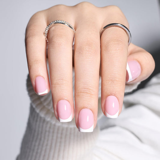 Leefrei French Tip Press On Nails - Short Square Press on Nails Pink White Tips Nails Press Ons for Women Fake Nails with Glue, Glossy Reusable Glue on Nail in 15 Sizes - 30pcs, Dusty Lavender