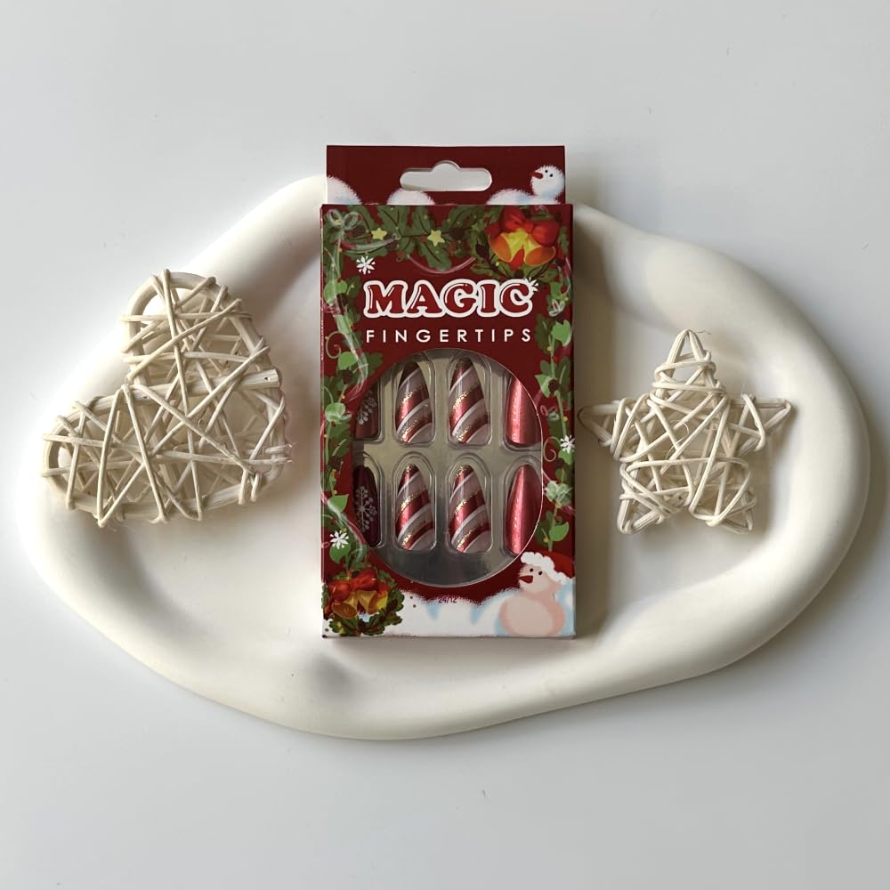 Red Christmas Press on Nails Medium French tips Fake Nails withGold Ribbon Pattern Design White Snowflake False Nails Acrylic Nails Red Full Cover Glue on Nail for Women and Girls