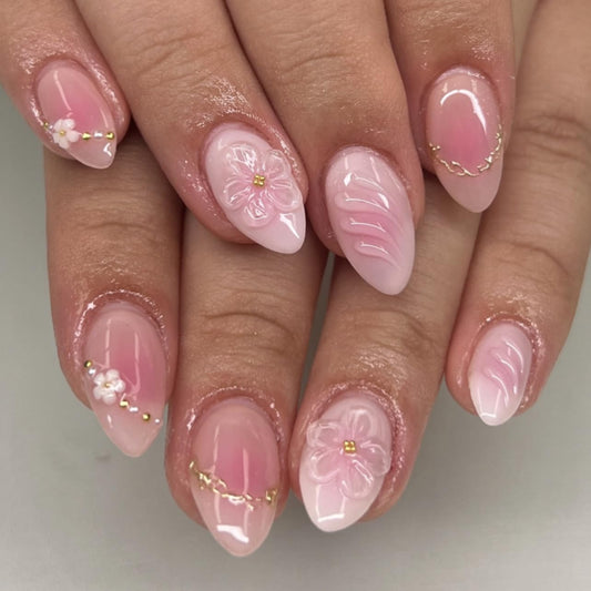 XZMeiLun 3D Flower Press On Nails Short Almond – Pink White Ombre Gold Line Designs, Acrylic Reusable Fake Nails with Adhesive Tabs Glue, Salon Quality Nail Press Ons - Nail Kit for Women Manicure