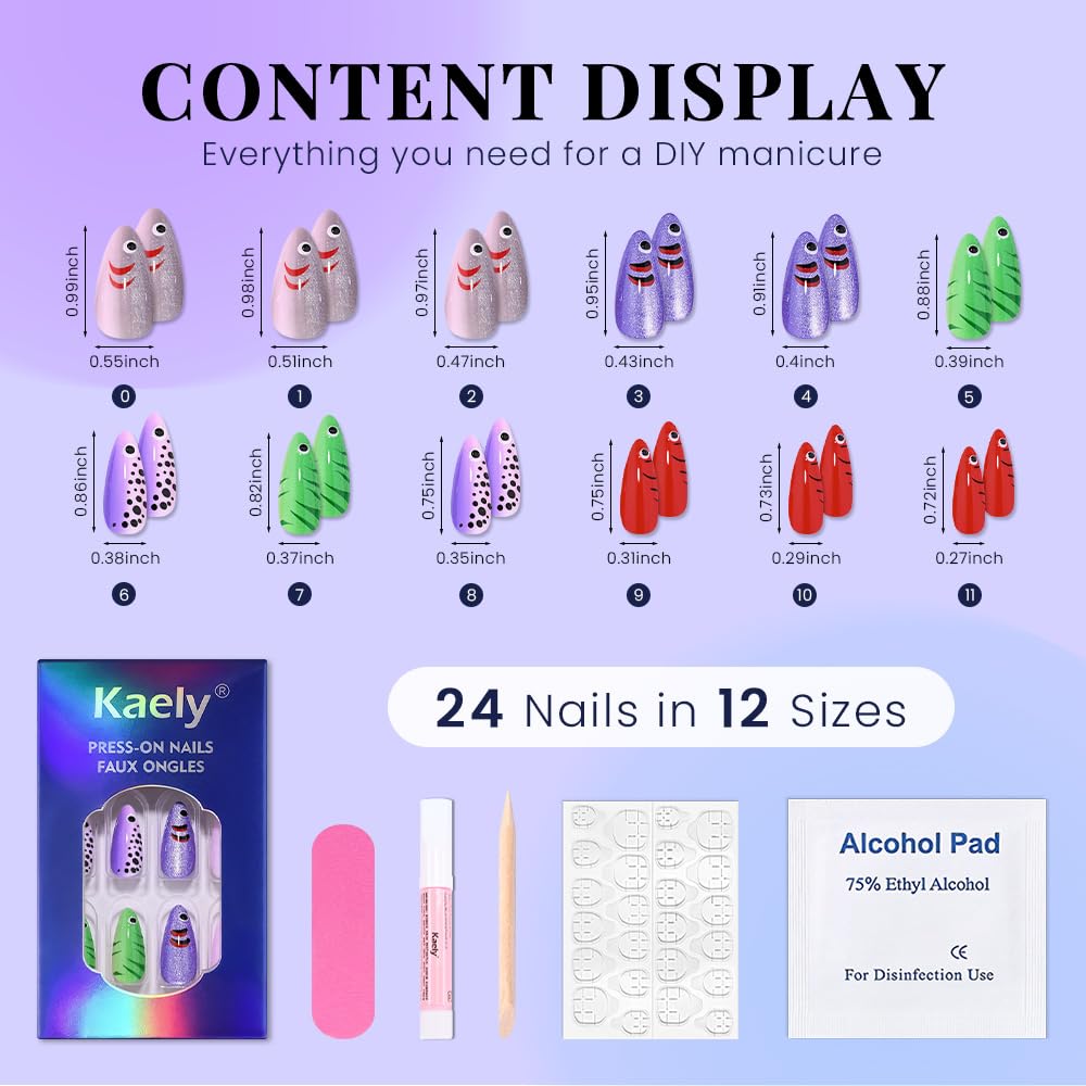 evpct Handmade Press on Nails Short Almond with Fish Lure Design, Cute Costume Fish Bait Press on Fake Nails for Women with Manicure Kit, Reusable Full Cover Stick on Nail with Design Perfectly Fit