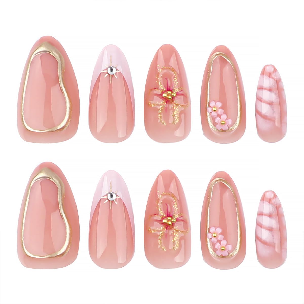 24Pcs Short Almond Press on Nails French Tip Fake Nails Acrylic Nail Kit 3D Flower Pearl Charms Full Cover Tips Stick on Nails Pink False Nails Spring Nails for Women Girls Manicure Salon Decorations