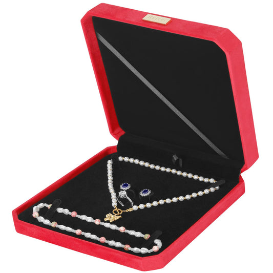 LETURE Large Jewelry Set Gift Box, Velvet Octagonal Necklace Ring Earring Pearl Storage Holder Boxes for Wedding Anniversary,Big Pendant Necklaces Organizer Display Case for Women Girl (Red)