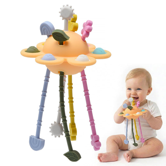 Silicone Baby Sensory Pull String Toy for 18+ Months, Montessori Toys for Toddlers, Sensory Activity Travel Toy for Airplane Car Seat Stroller, Fine Motor Skills Early Learning Gift (Yellow)
