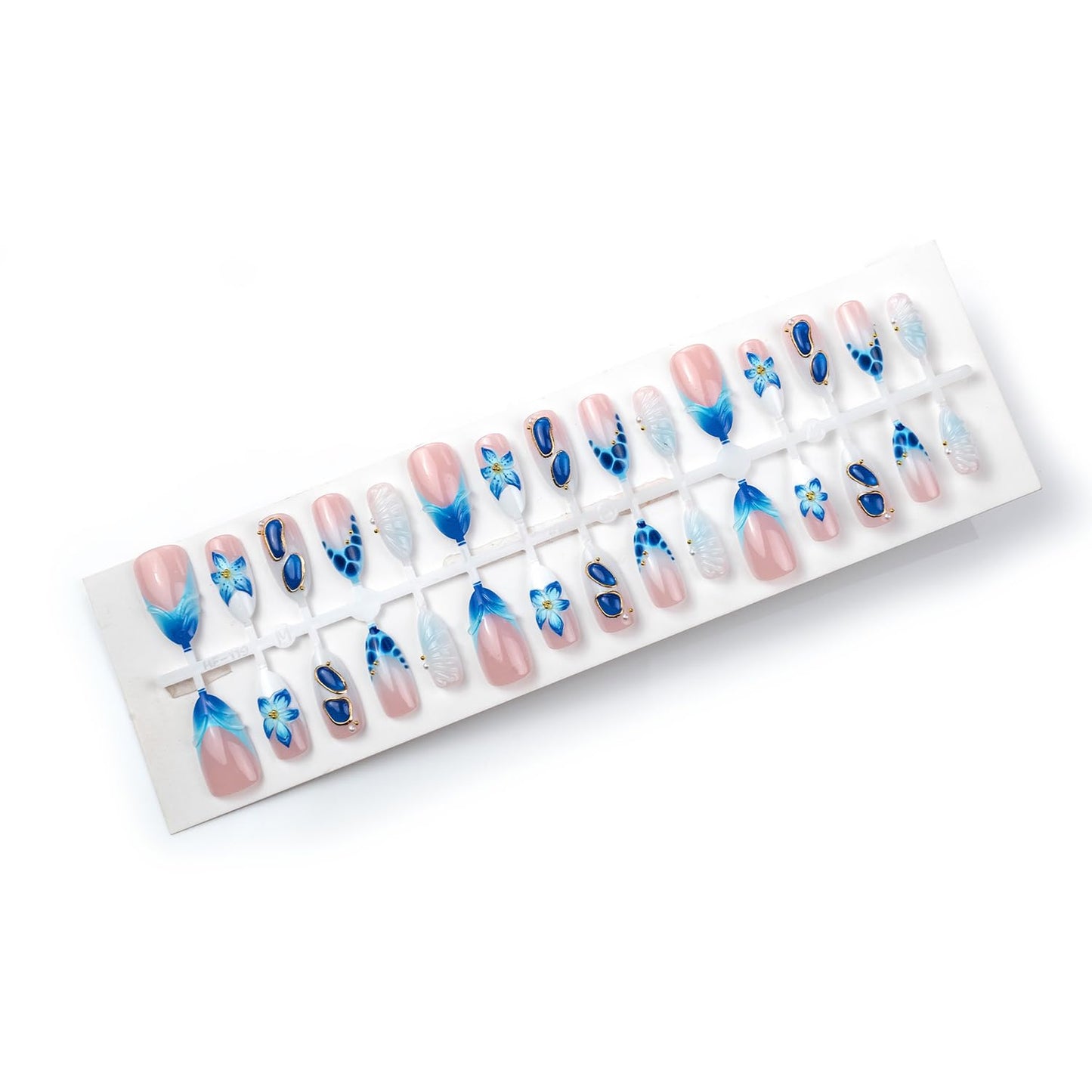 Summer Press On Nails Medium Almond Fake Nails French False Nails With Blue Floral Gold Pearl Design Reusable Acrylic Nail Press Ons Glossy Stick On Nails Full Cover For Women Manicure 24Pcs