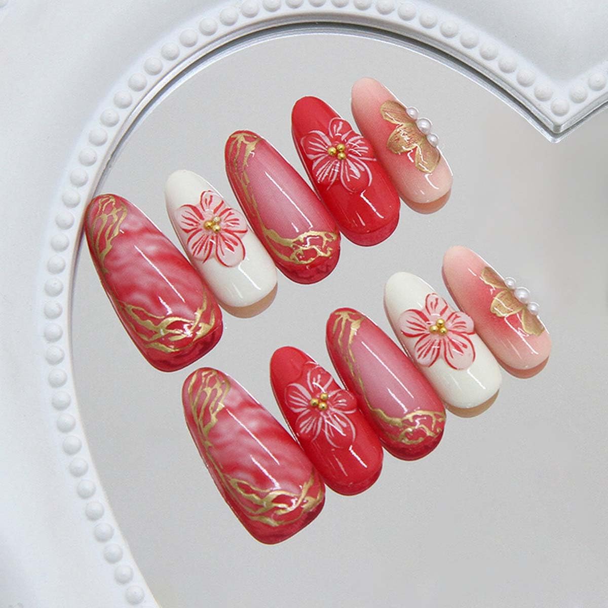 LINMEIZAI 24 Pcs Blossom Press on Nails Short Almond French Fake Nails Press ons Nail Tips Marble Glue on Nails Spring Acrylic Nail Kit with 3D Gold Trim Design False Nails Sticker Nail Art for Women