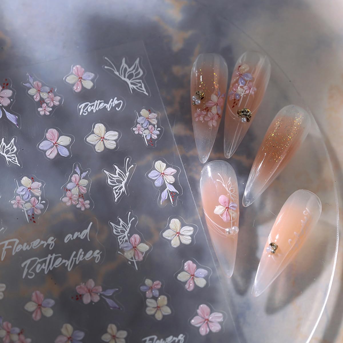 5D Embossed Flower Nail Stickers for Nail Art Pink Floral Nail Art Stickers White Butterfly Nail Decals Spring Stickers for Nails Designs Adhesive Nail Art Supplies for Women Girls 1 Sheet