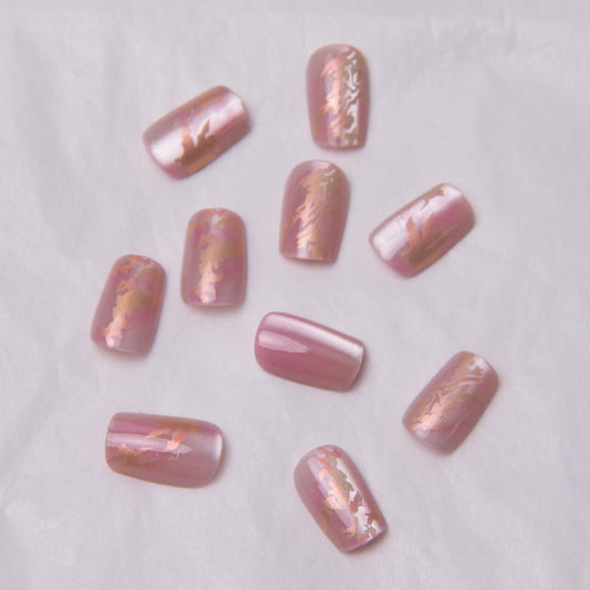 Square Press on Nails Short Cat Eye Fake Nails Gold Foil Acrylic Nails Pink Ombre False Nails Glossy Marble Artificial Nails Shiny Glue on Nails for Women Girls Manicure Art Decoration