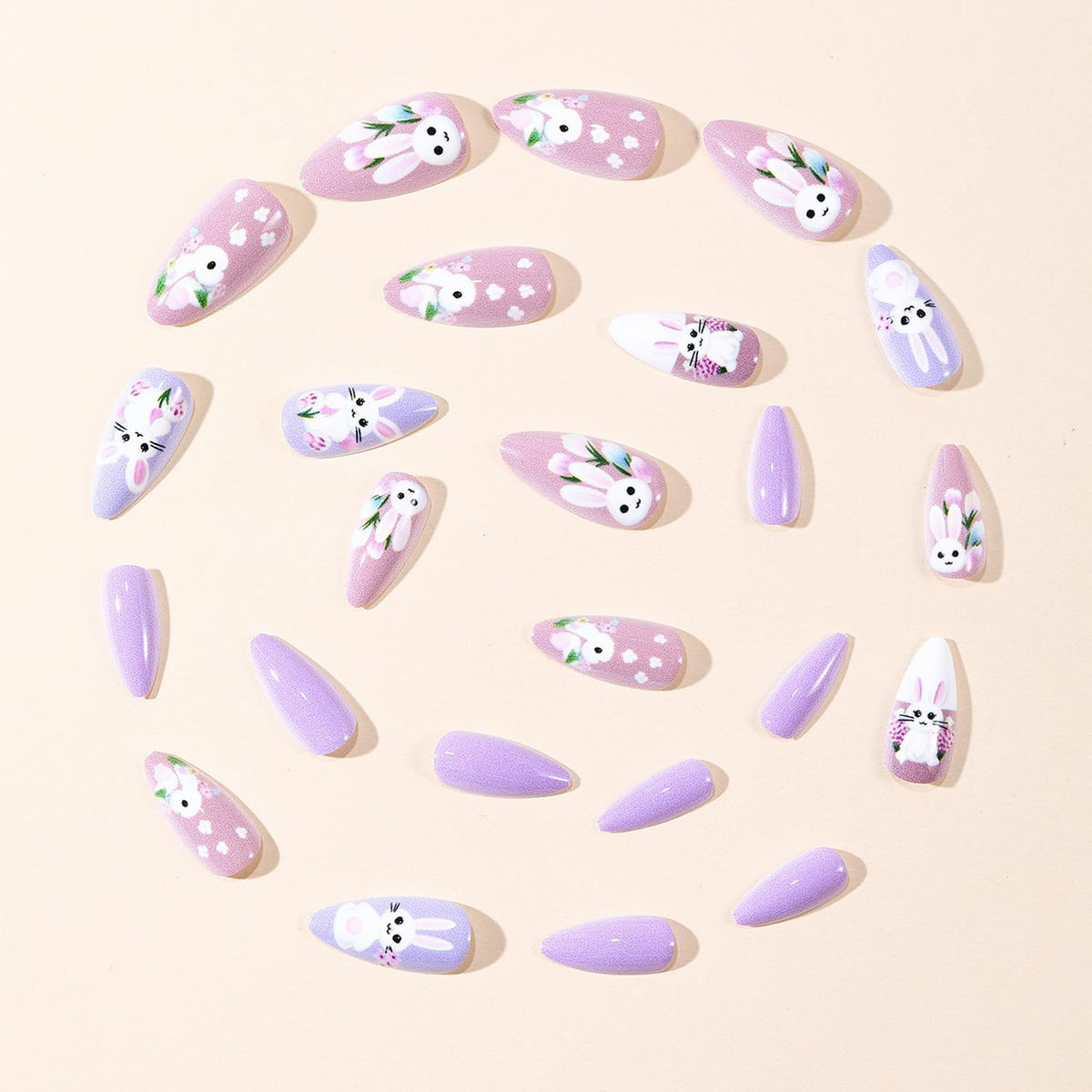 Easter Press on Nail Long Medium Fake Nails Purple Pink with Bunny Flower designs Full Cover Almond Shape Press ones Cute Glue on Nails Glossy Spring Stick on Nail for Women Manicure24pcs