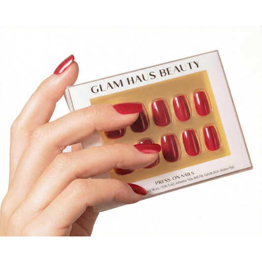 Glam Haus Beauty Press On Nails Seduction | Short Square Fiery Red Glossy Finish Salon Quality | 16 Sizes - 32 Nail Kit with Glue & Adhesive Tabs