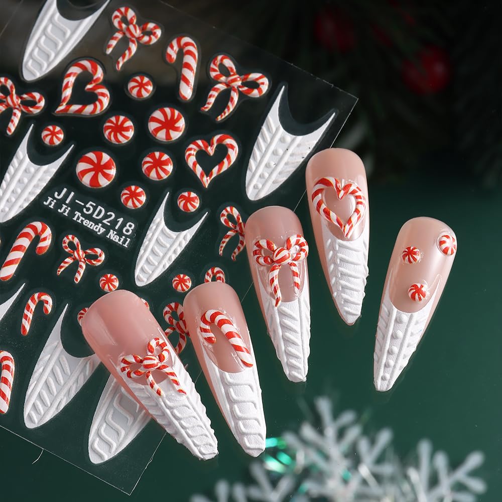 4 Sheets Christmas Nail Art Stickers Candy White French Line Nail Decals 5D Embossed Self-Adhesive Plaid Elk Snowflake Nail Design Nail Decoration for Women Winter Holiday Manicure DIY Nail Supplies