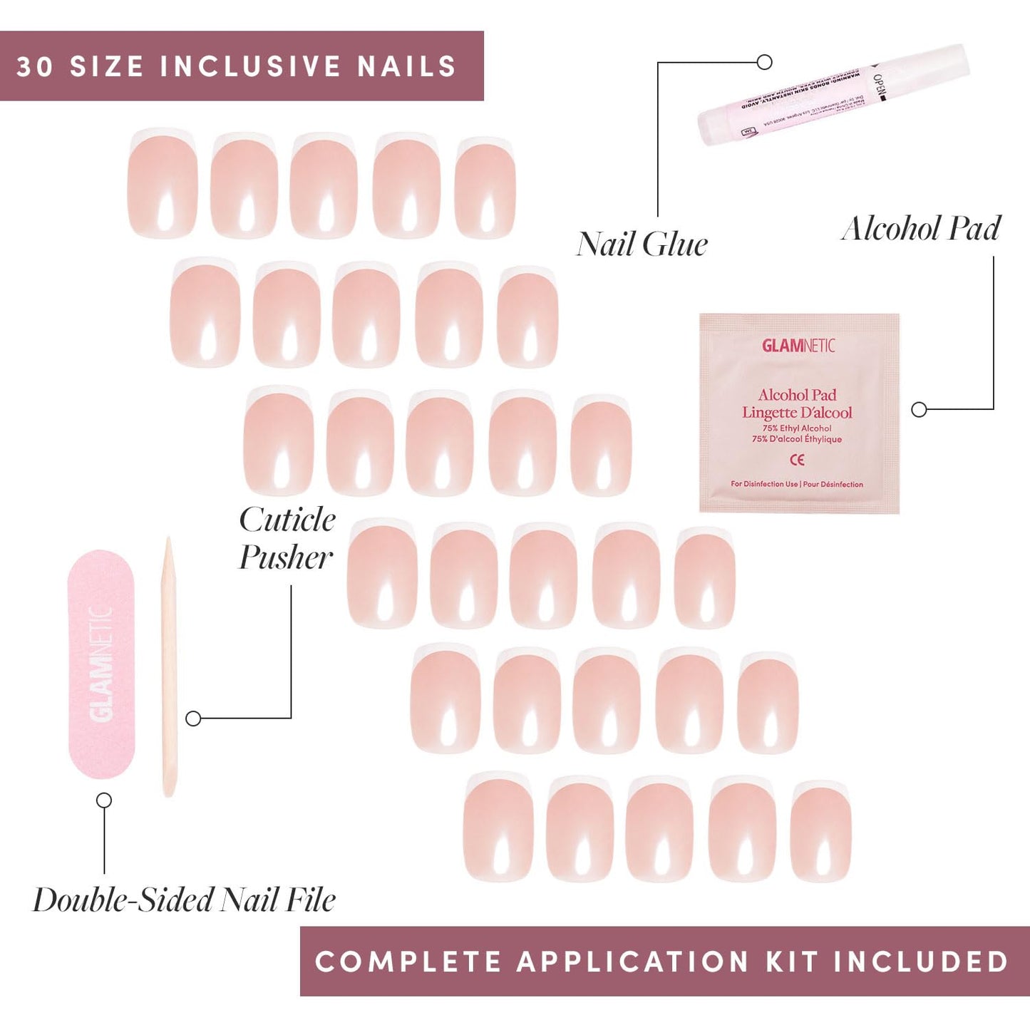 Glamnetic Press On Nails - La Perle | Semi-Transparent Squoval French Tip Fake Nails, Salon Quality | 15 Sizes - 30 Nail Kit with Glue