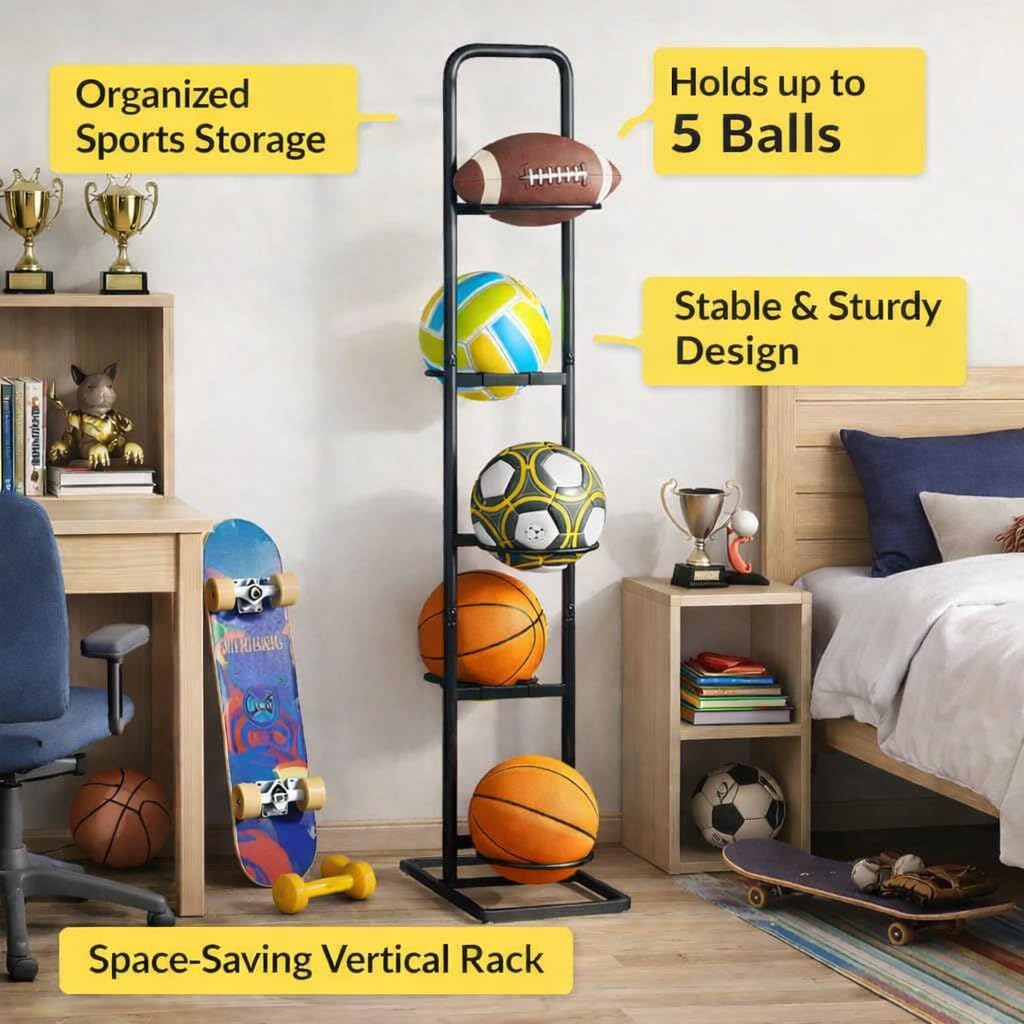 MLUPODY Vertical Ball Rack -basketball rack- Durable Carbon Steel Storage for Basketball, Soccer, Volleyball, and More - Easy to Assemble, Waterproof, Sturdy - 56.7" H"