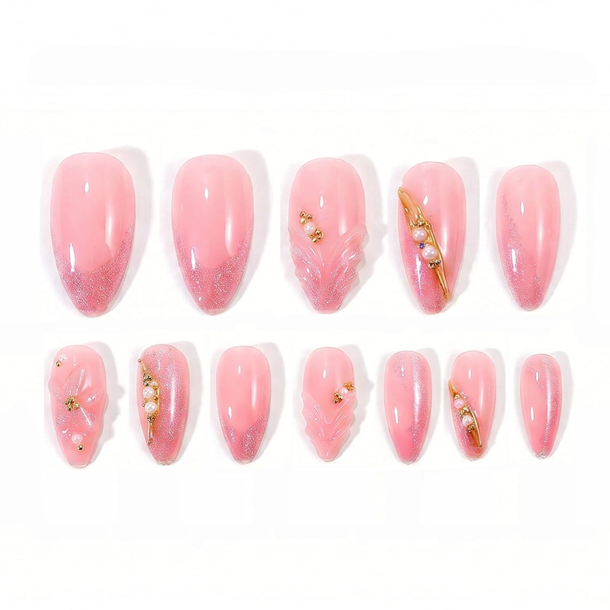 IMRAIN Almond Press on Nails, Medium Fake Nails, 3D Sculpted Pink Flower Gold Chrome, 24Pcs Reusable Glue on Nails for Women, Salon Quality