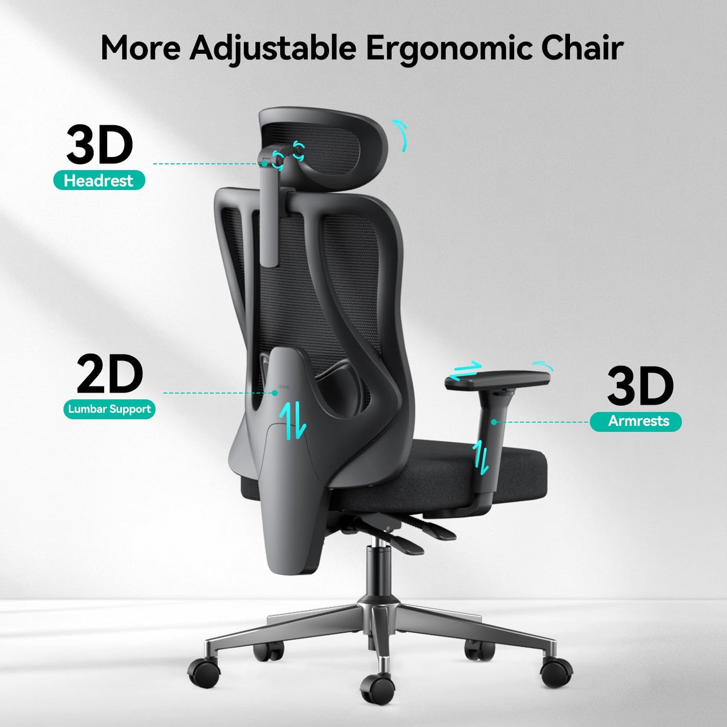 Hbada P3 Pro Ergonomic Office Chair with 2D Adjustable Lumbar Support, Office Desk Chair with 3D Adjustable Headrest and Armrests, 135° Stepless Tilt Function, Three-Layer Mesh, Black(No Footrest)