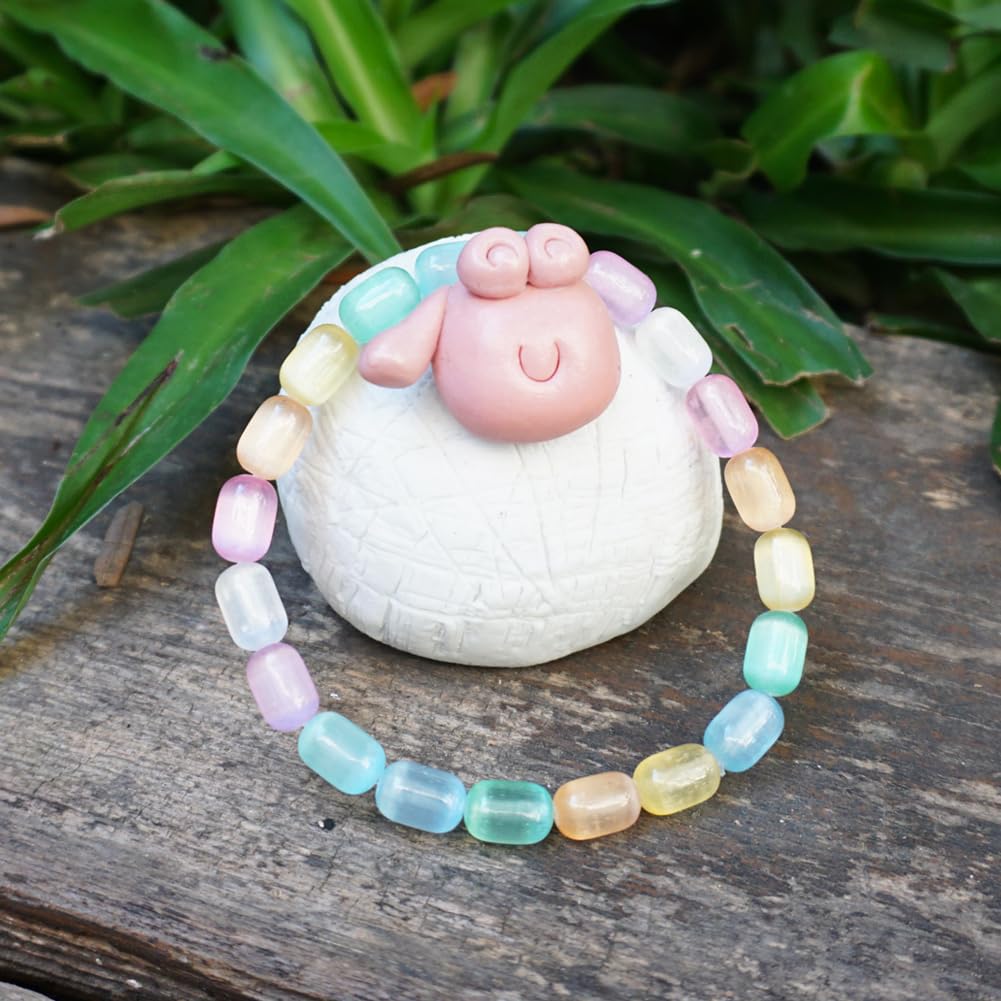 TaHLga Natural Rainbow Selenite Crystal Bracelet | Plated 6x9mm Cylinder Beads | Authentic Stone with Leather Pouch, Gift Box & Repair Kit | Fits about 7 inch Wrist