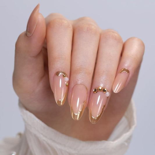 Goolich Medium Almond Chrome Gold Line Press On Nails, 3D Bead Charms French Tip Design Nails Press ons Set with Adhesive Tabs, 24 Pcs 12 Size Reusable Full Cover Glue on Nails for Women