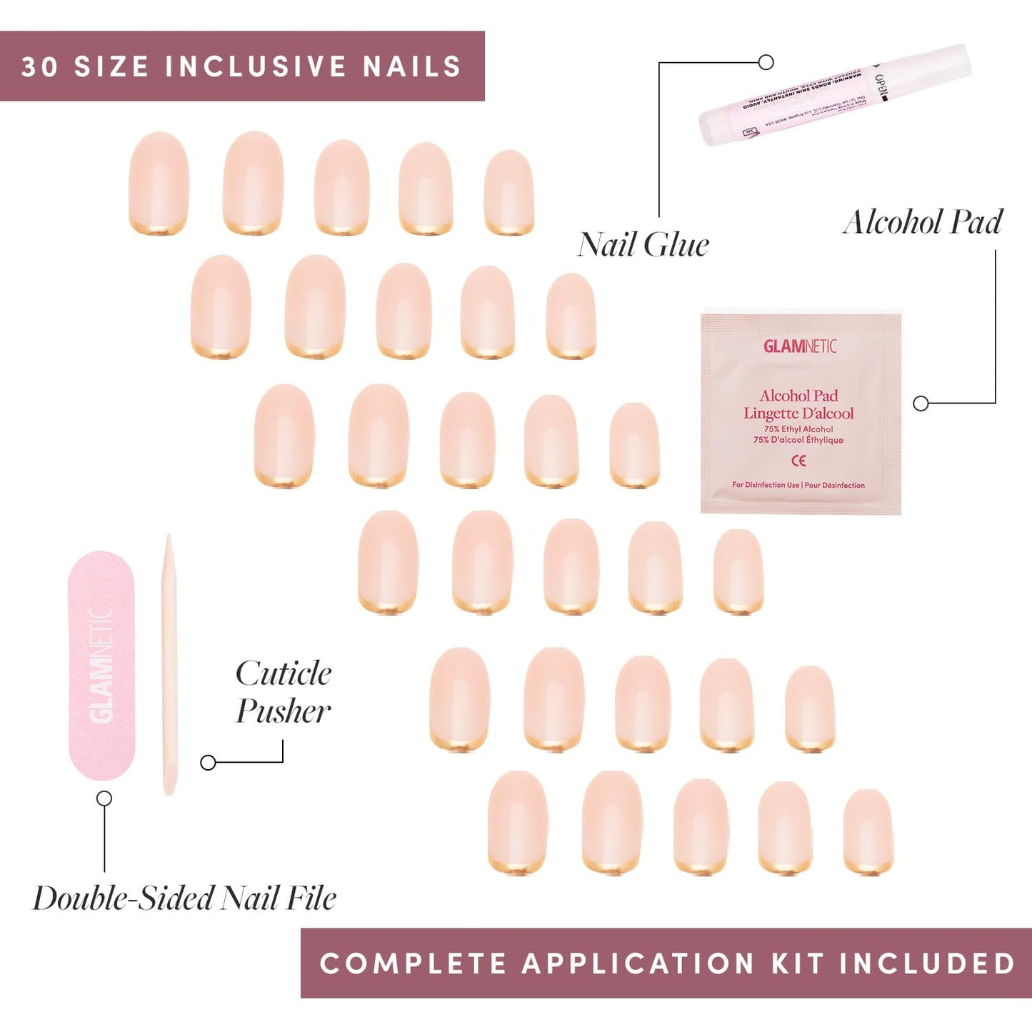 Glamnetic Press-On Nails Bundle - French Lilac, Goal Digger & Caviar | Almond Purple Tips with a Glossy Finish | Natural Round False Nails with Gold Foil | Short Almond Black