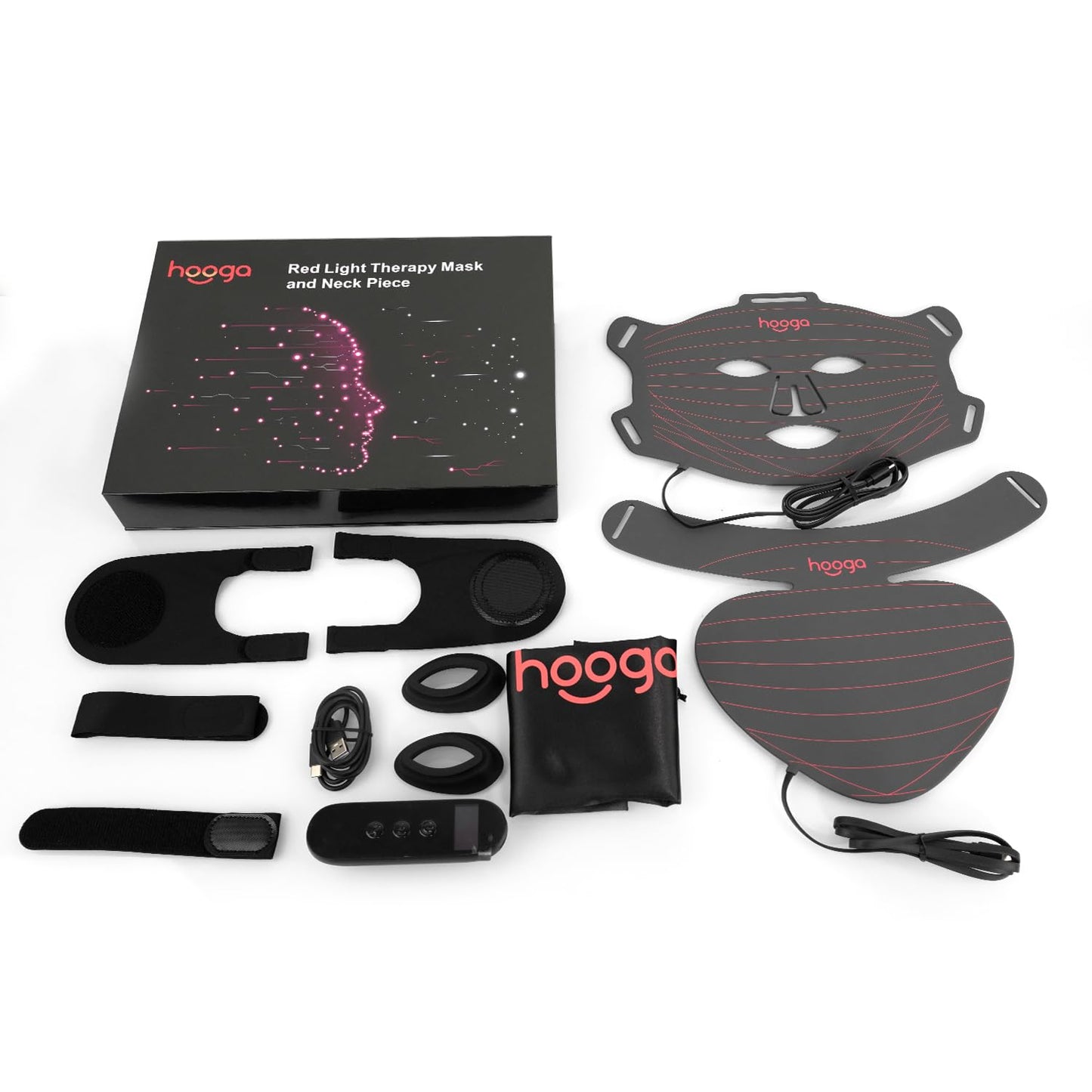 Hooga Red Light Therapy Mask – LED Face & Neck Light Therapy Mask Set, 630nm 660nm Red & 850nm Near Infrared, Tri Chip LEDs, Rechargeable, Adjustable Comfortable Fit