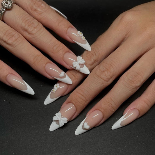 FANTACIEL Almond Press On Nails, Light Pink Bow False Nails Full Cover Glossy Glue On Nails, Cute Romantic Fake Nails for Women Valentine’s Day Date Party 24PCS