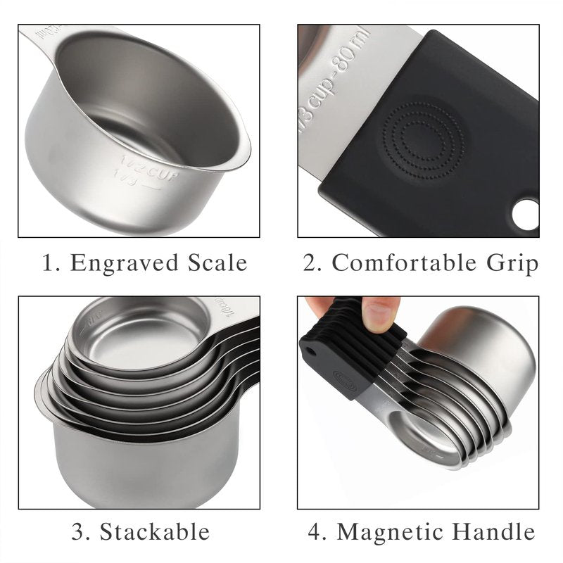 Magnetic Measuring Cups and Spoons Set Including 7 Stainless Steel Stackable Measuring Cup 8 Double Sided Magnetic Measuring Spoons with 1 Leveler for Dry and Liquid Ingredients (black)