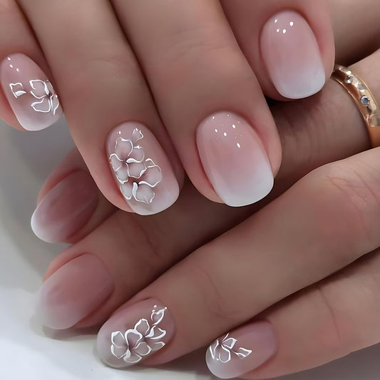 Vezocim Press on Nails Square Short 24Pcs French Tips Pink Press on Nails Coffin with Flower Designs Glossy Full Cover Acrylic Short False Nails Glue Fingernails Artificial Fake Nails for Women Girls