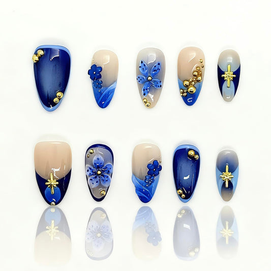 Reusable Press On Nails for Women & Girls - Short Almond Shape, Green Gradient with 3D Hand-Sculpted Florals, Holiday Party Manicure (A-Dark Blue Short, L)