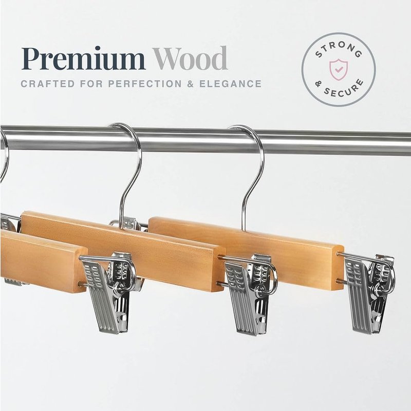 10 Pack Wooden Pants Hangers with Clips - Smooth Finish Solid Wood Skirt Hangers Space Saving - Natural Wood Color - Clip Hanger for Pant, Skirts, Shorts, Tanks, Blankets, and Dresses.