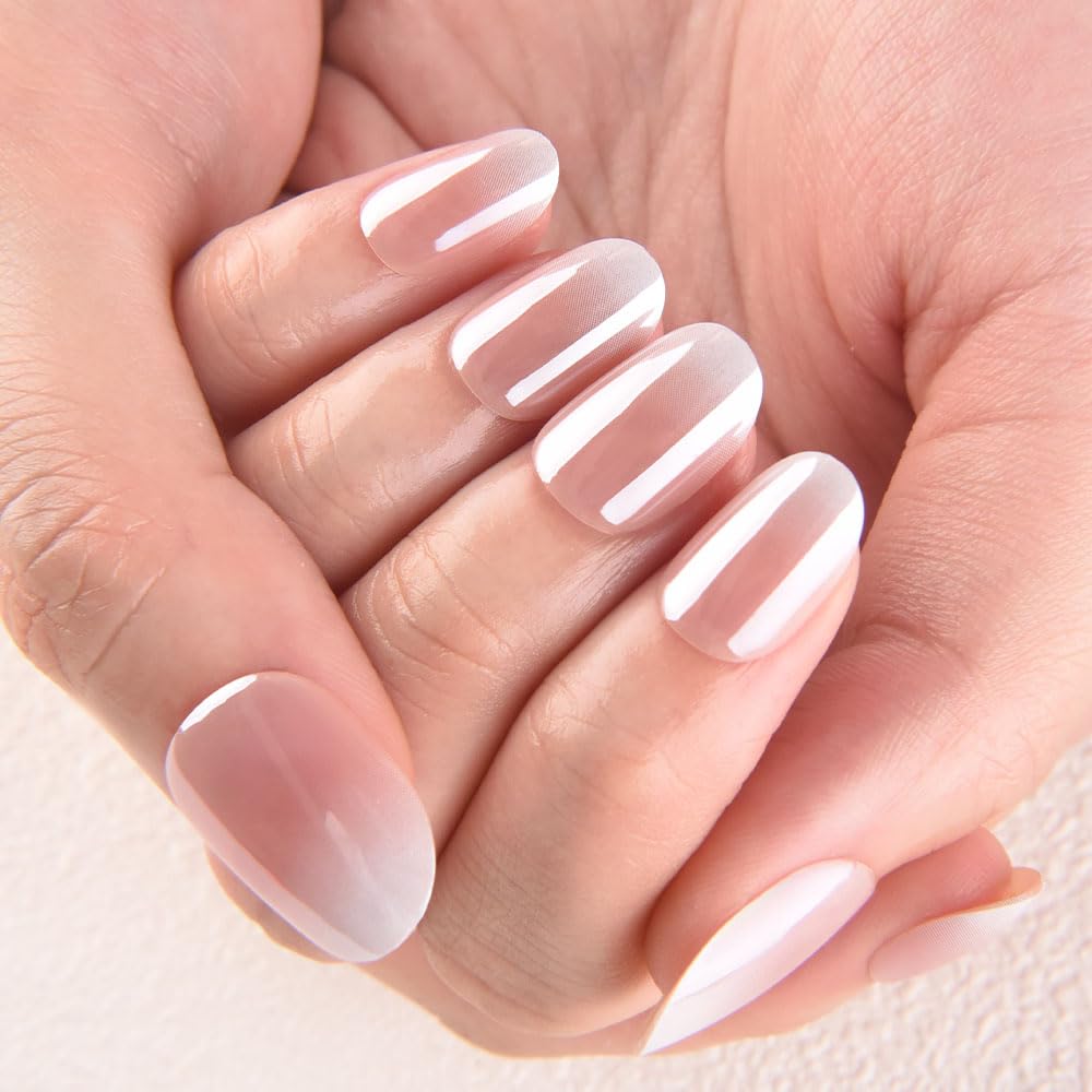 evpct Nude White Ombre Glazed Press On Nails Short Oval No Glue, Glazed Glossy Aurora Stick on Nail for Women, Reusable Full Cover Soft Press on Fake Nail Perfectly Fit with Ombre Design Salon-quality