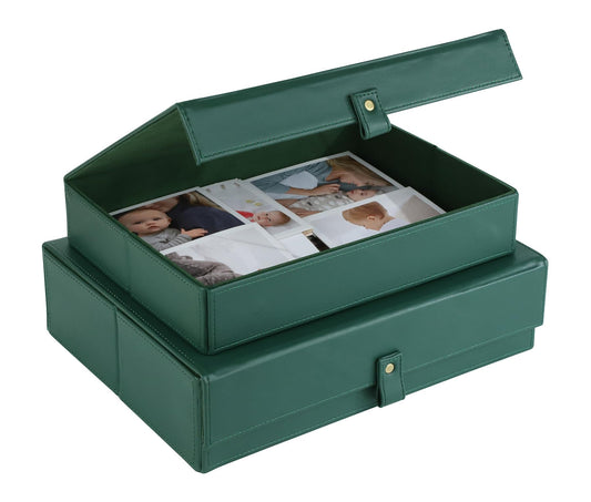 HofferRuffer Photo Storage Boxes with Dust-Proof Lid, Set of 2 Faux Leather Lidded Storage Bins, Photo, Jewelry, Scrapbooking Supplies, Keepsake Organizer for Elegant Home & Office Decor (Green)
