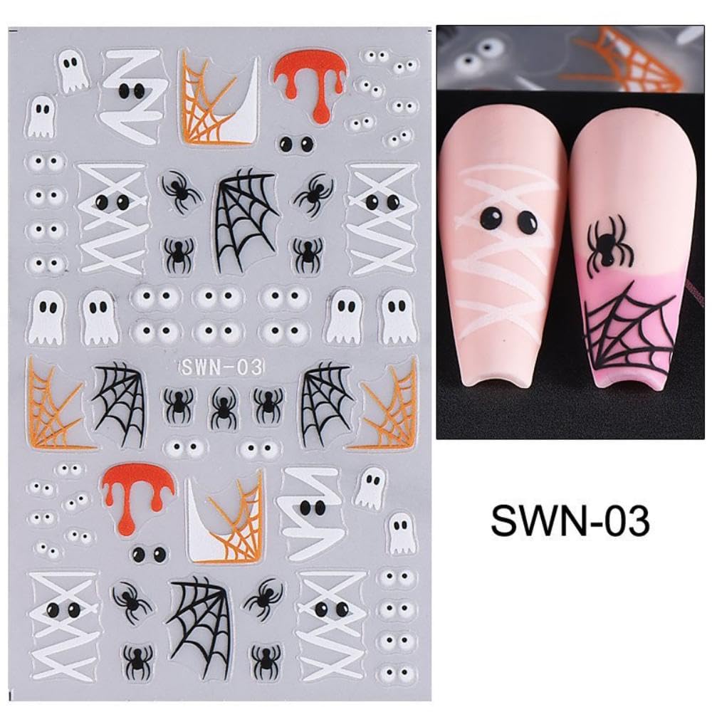 4 Sheets 5D Embossed Halloween Nail Stickers Cute Ghost Pumpkin Nail Art Stickers 3D Self-Adhesive Cat Nail Designs Flower Skeleton Holiday Spider Web Bandage Nails Supplies for Women Girls DIY