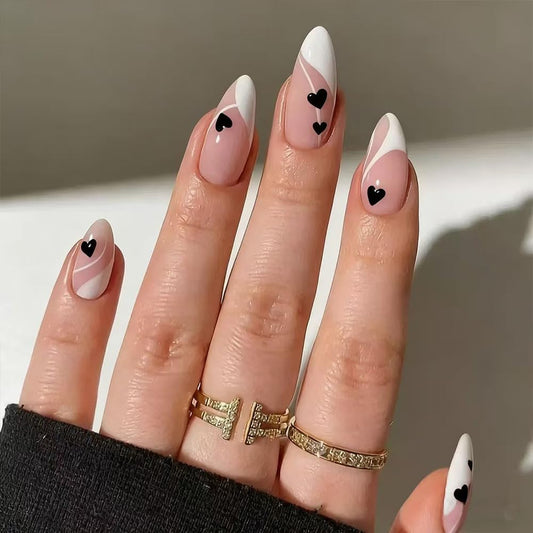 FJSMTOPl Valentine Press on Nails - Love Heart Fake Nails - Almond False Nails Press ons - French Tip Acrylic Glue on Nails - Artificial Stick on Nail for Women Manicure 24 Pcs