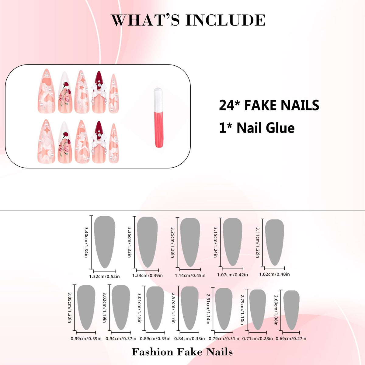 IMRAIN Long Press on Nails Stiletto Red French Tips Fake Nails Full Cover Glossy Acrylic Nails Press ons Cute Cherry & Bow Designs Glue Stick on False Nails for Women 24Pcs