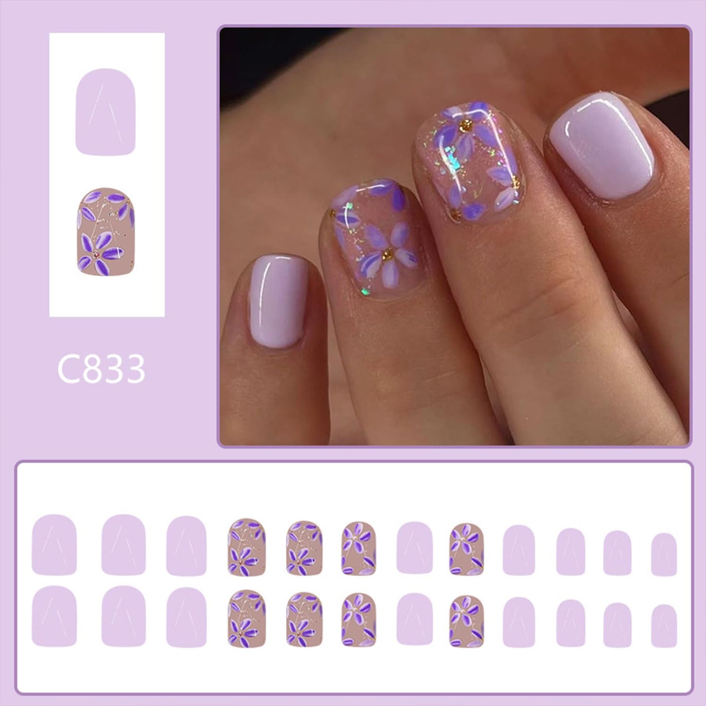 Short Press on Nails Cute Flower Fake Nails with Glitter Designs Purple Nails Press ons Square Spring False Nails Full Cover Glue on Nails Acrylic Nails for Women Spring Summer Daily Wear Salon