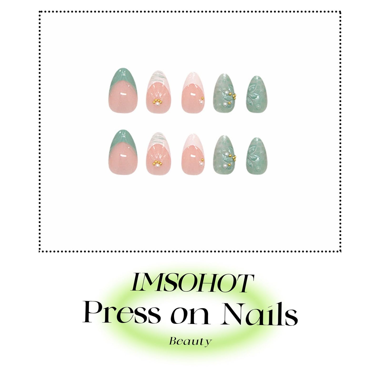 IMSOHOT Medium Press on Nails Almond Fake Nails White French Tips False Nails Full Cover Green Glossy Glue on Nails Gel Handmade Acrylic Nail Supplies for Women Girls Manicure Decoration