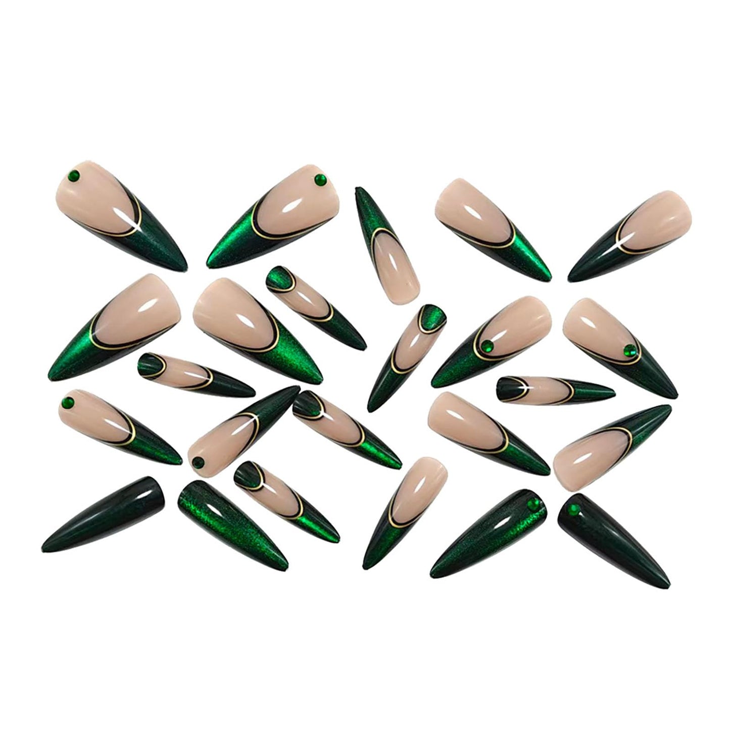 RUOKEXIN Long Stiletto Press on Nails French Tip Fake Nails Green Cat Eye False Nails with Rhinestones Designs Almond Nail Press ons Sparkly Artificial Nails for Women 24Pcs
