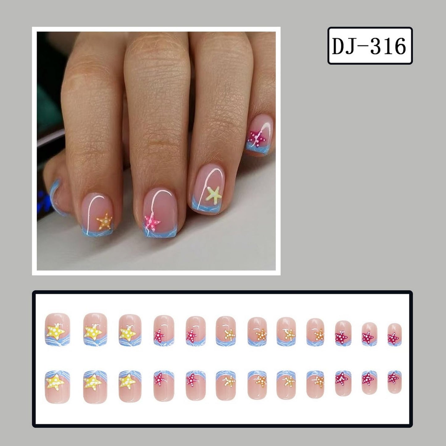 Summer Press on Nails Waves French Tip Fake Nail Beach Nails Press ons with Starfish Design Short Square Stick on Nail Glossy Acrylic Nails for Women DIY Manicure Decor 24 Pcs
