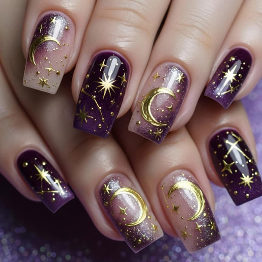 Purple Star Sky Press on Nails Medium Square Fake Nails Gold Stars Moon False Nails Purple Gradient Acrylic Nails for Women Manicure Decoration 24Pcs