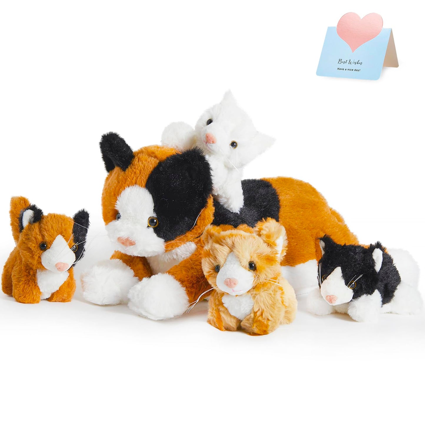 Houwsbaby 5-Piece Cat Plush Toy Set - Mommy Cat with 4 Kittens, Kitty Surprise, Parent-Child Stuffed Animals for Kids, 17''