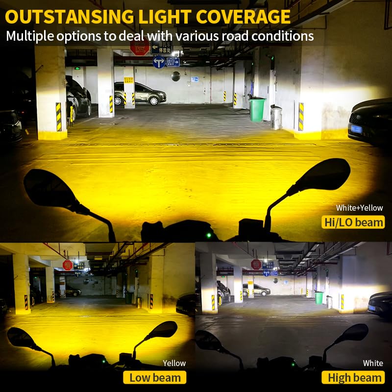 APMAT Motorcycle Lights LED Auxiliary Spotlights Driving Fog Light, with Mount Brackets 7 Modes White/Amber Dual Color Strobe Switchback for Motorcycle Electric Bike, 2PCS